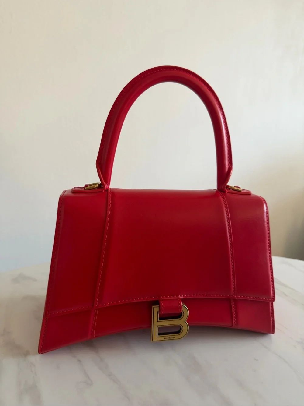 Balenciaga Red Hourglass Top Handle Satchel with Gold 'B' Logo